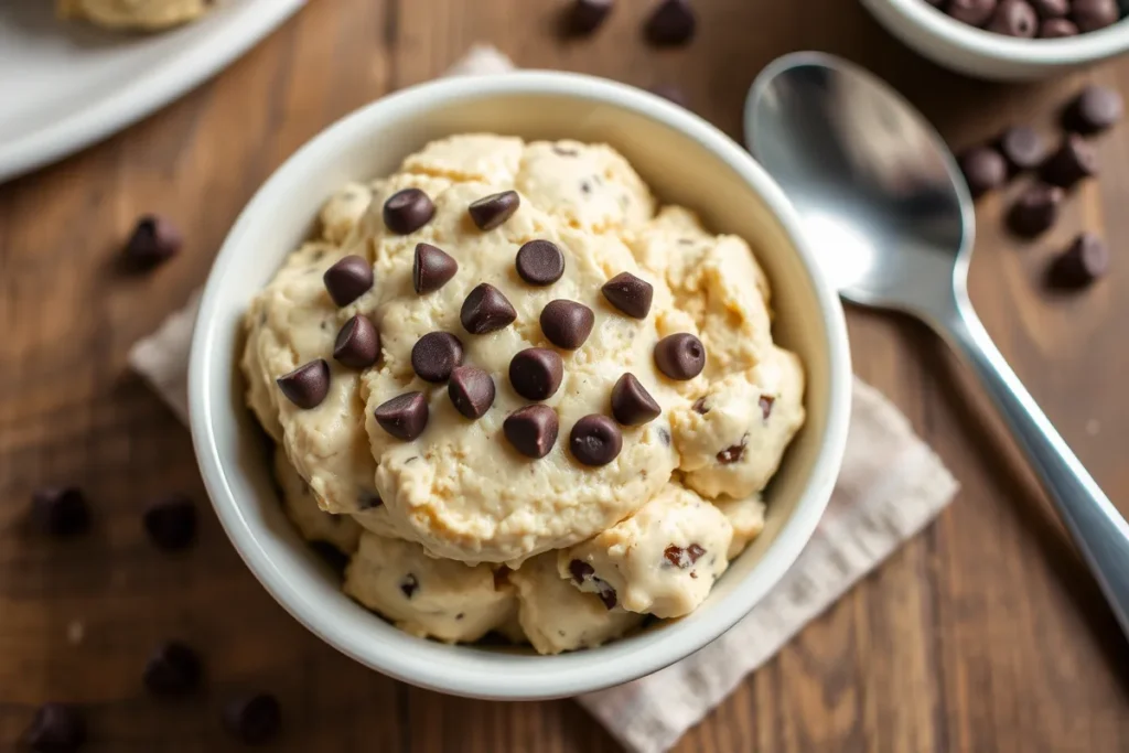 Freshly made cottage cheese cookie dough served in a bowl, topped with chocolate chips for a healthy dessert option