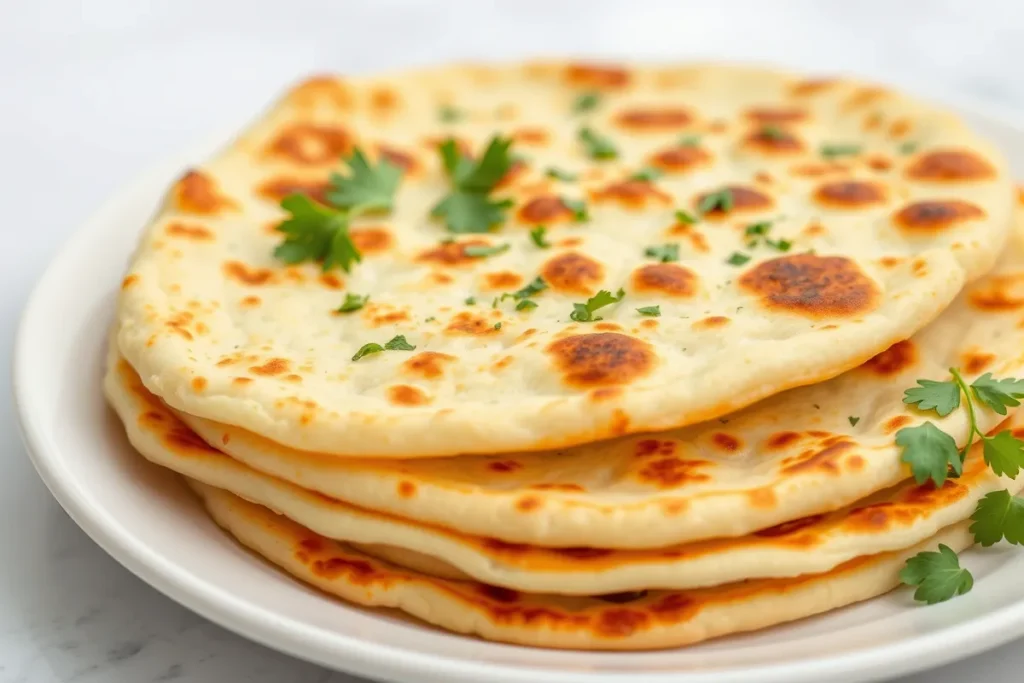 Freshly cooked cottage cheese flatbreads stacked on a plate, garnished with herbs, perfect for wraps or dipping