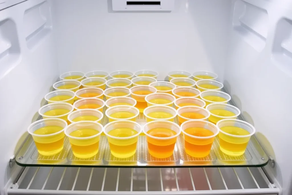 Jello Shots setting on a tray in the refrigerator to solidify