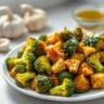 Golden-brown roasted frozen broccoli on a white plate, garnished with Parmesan cheese and olive oil, with garlic and olive oil in the background for a fresh, flavorful presentation