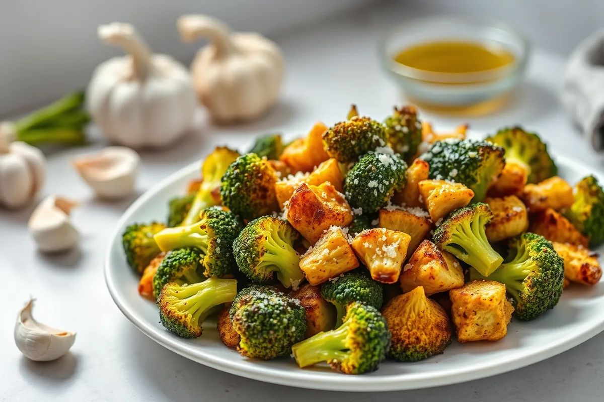 Golden-brown roasted frozen broccoli on a white plate, garnished with Parmesan cheese and olive oil, with garlic and olive oil in the background for a fresh, flavorful presentation