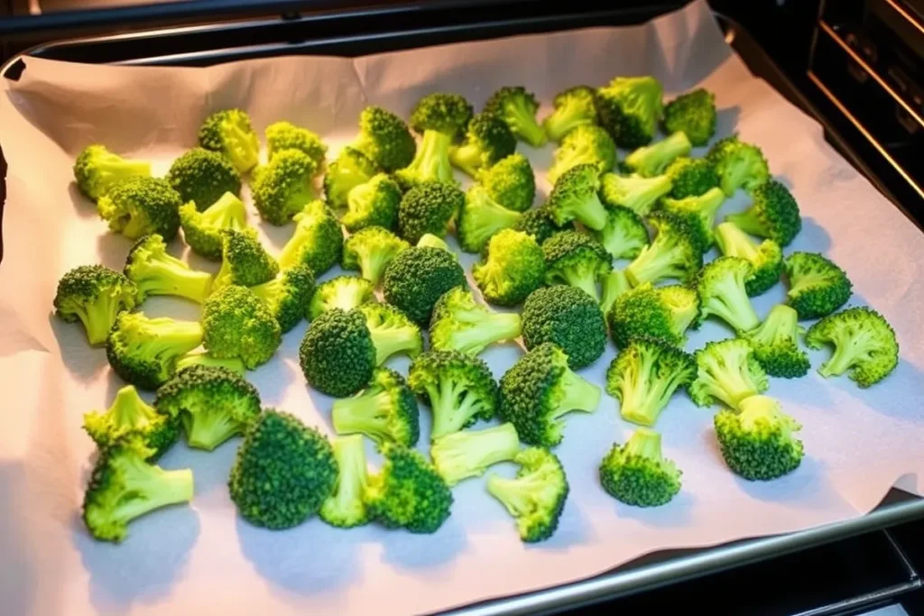 Frozen broccoli florets on a baking sheet being roasted in the oven for a crispy and caramelized finish