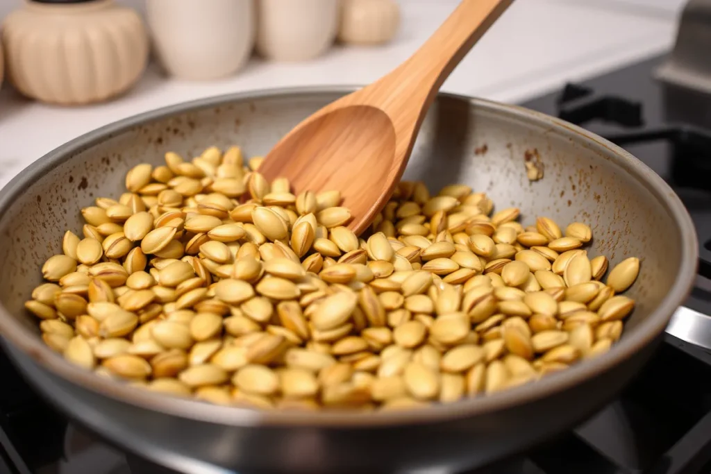 A close-up of golden lotus seeds being roasted in a pan, the first step in preparing the Lotus Seed Honey Drink Recipe