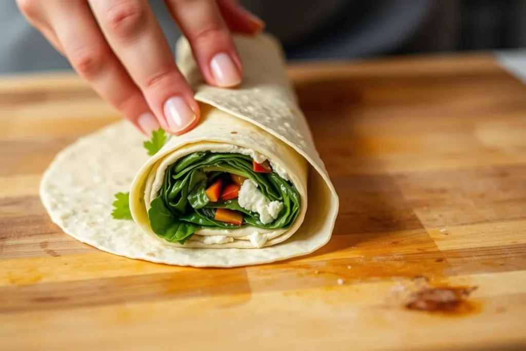 Rolling the tortilla wrap tightly to secure the cottage cheese and vegetable filling inside