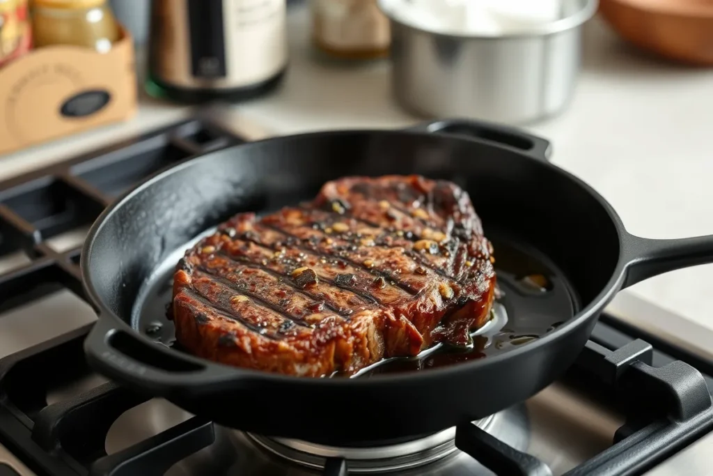 Steak searing in a hot cast iron skillet with olive oil and butter, achieving a golden-brown crust for creamy peppercorn sauce