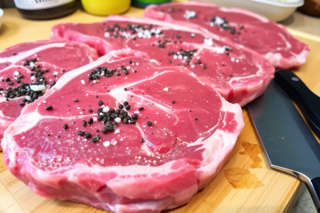 Raw New York strip steaks seasoned with salt and freshly ground black pepper, ready to be cooked for steak with creamy peppercorn sauce