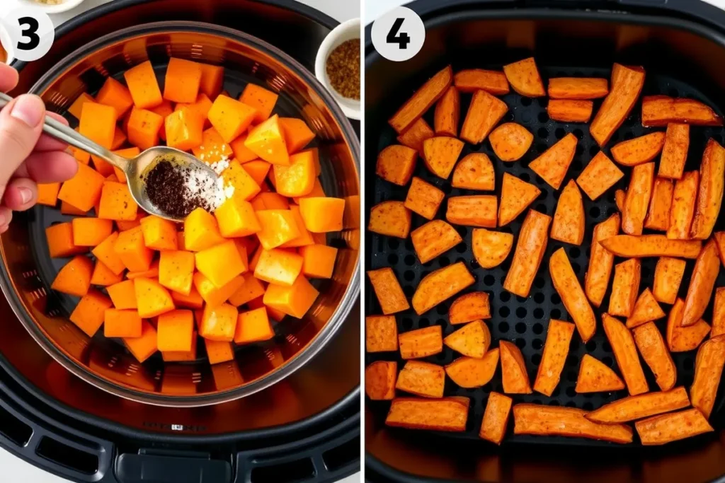 Sweet potato cubes in a mixing bowl being seasoned with olive oil, salt, and pepper for air frying. / Sweet potatoes arranged in a single layer in an air fryer basket, ready for cooking