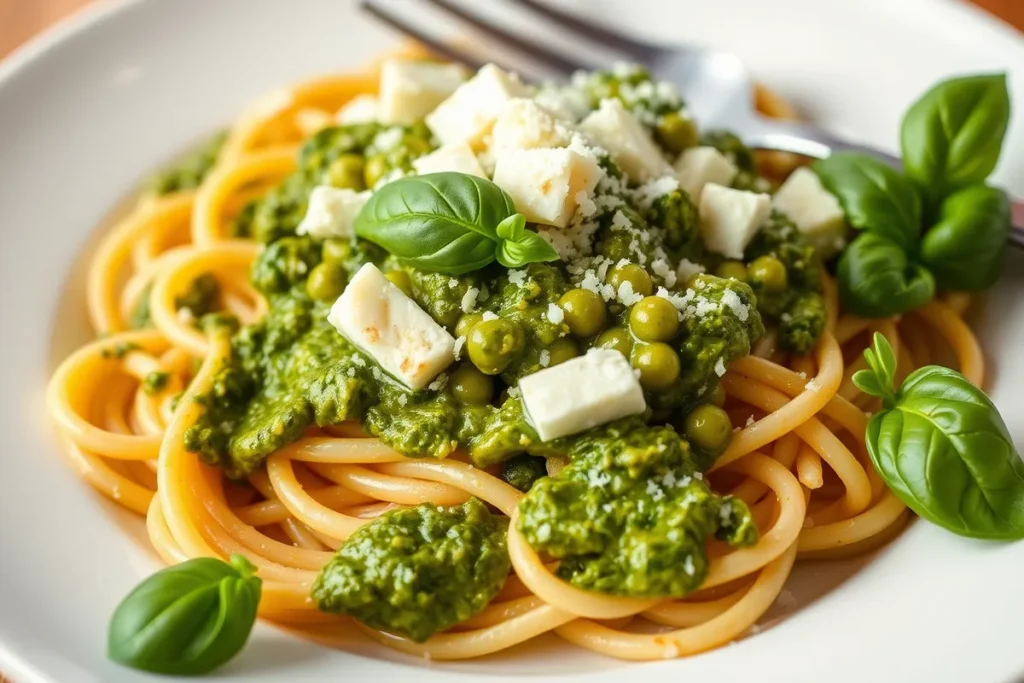 A plate of pasta topped with creamy homemade cottage cheese provolone pesto, garnished with fresh basil and a sprinkle of cheese.