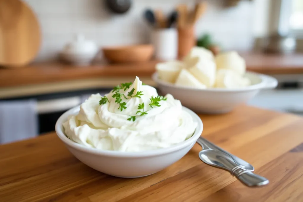 A bowl of whipped cottage cheese, garnished with fresh herbs, ready to be served in a cozy kitchen setting