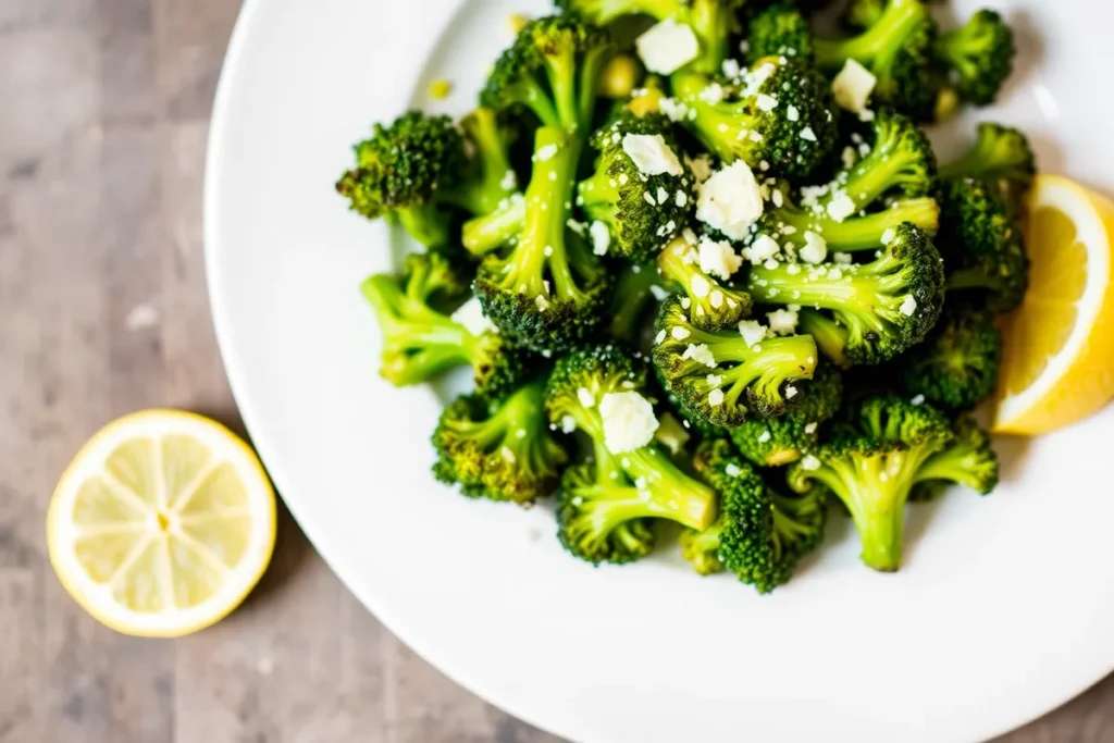 Perfectly cooked broccoli on a plate, garnished with Parmesan cheese and a slice of lemon for added flavor