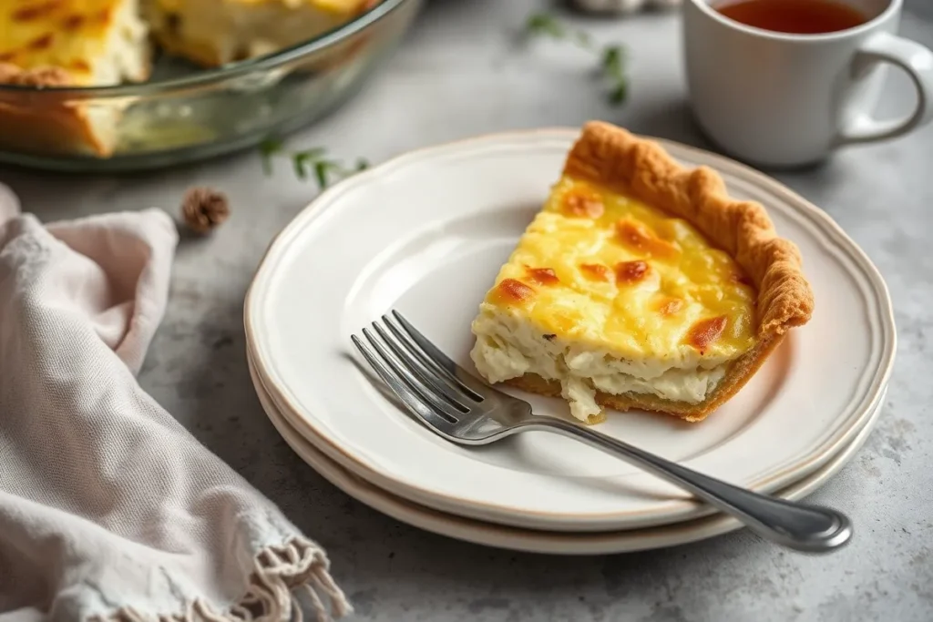 Slice of cottage cheese pie being served on a plate with a fork on a rustic table