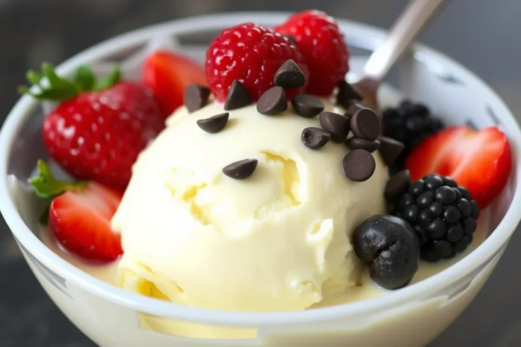 Scooping Ninja Creami vanilla ice cream topped with berries and chocolate chips for serving