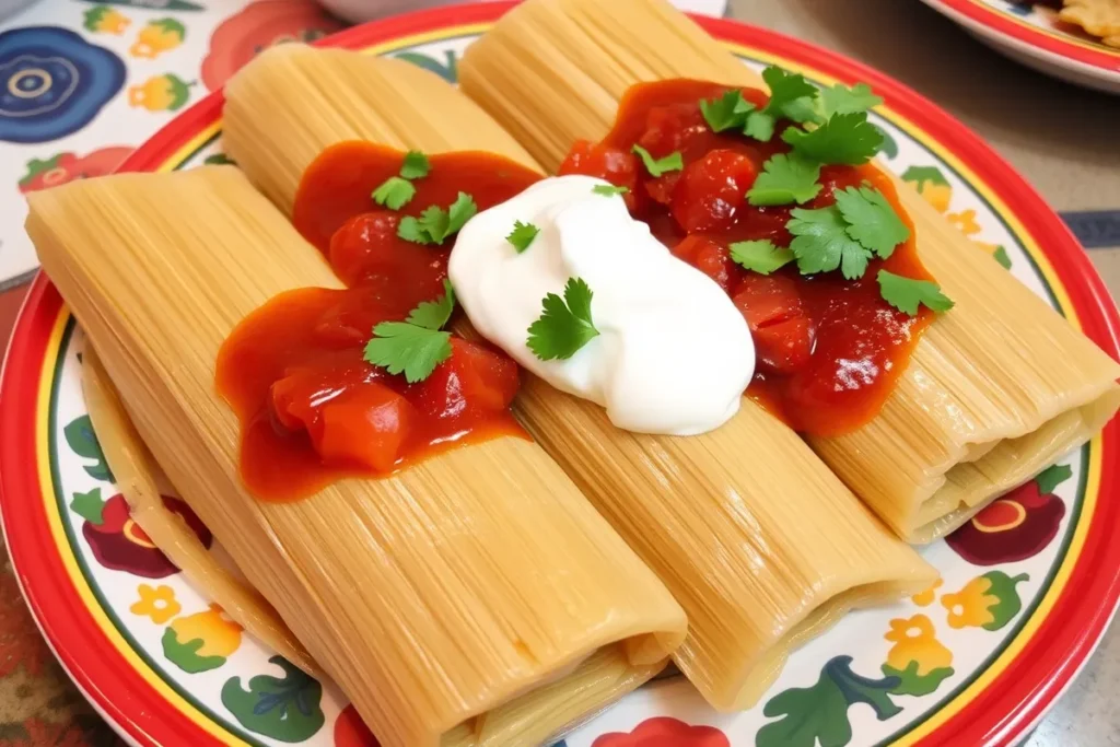 A plate of steamed tamales topped with salsa, sour cream, and fresh cilantro for serving