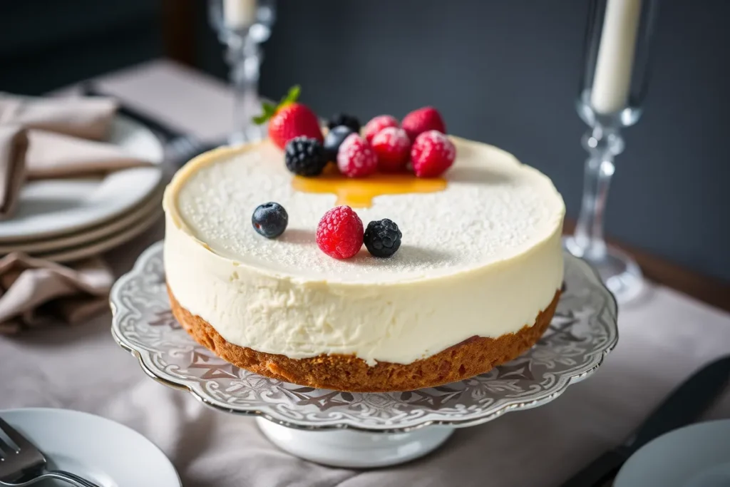 A beautifully presented cottage cheese cheesecake topped with fresh berries, ready to serve for a special occasion