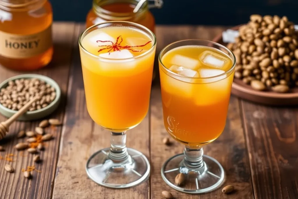 Two glasses of Lotus Seed Honey Drink, one warm and one chilled, ready to enjoy as a nutritious and flavorful beverage