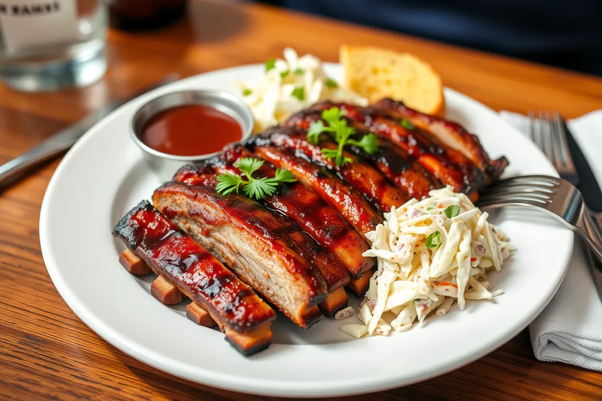 ( Close-up of tender pork ribs cooking on a gas grill, coated in barbecue sauce with charred edges and smoky steam in the background )A plate of perfectly grilled pork ribs served with coleslaw and cornbread, garnished with parsley and a side of barbecue sauce.