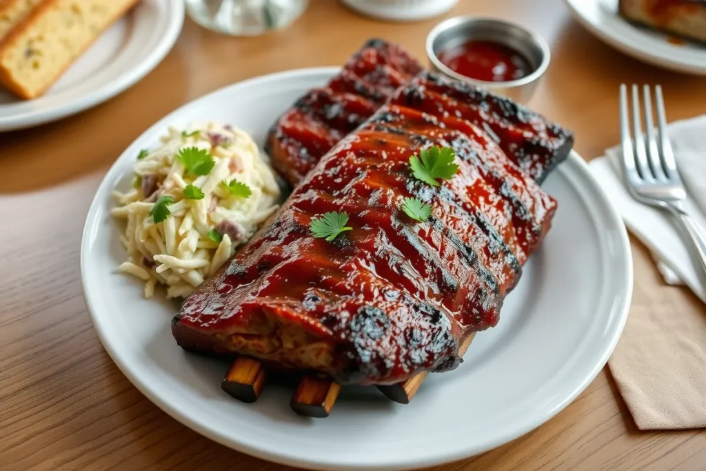 A plate of perfectly grilled pork ribs served with coleslaw and cornbread, garnished with parsley and a side of barbecue sauce.