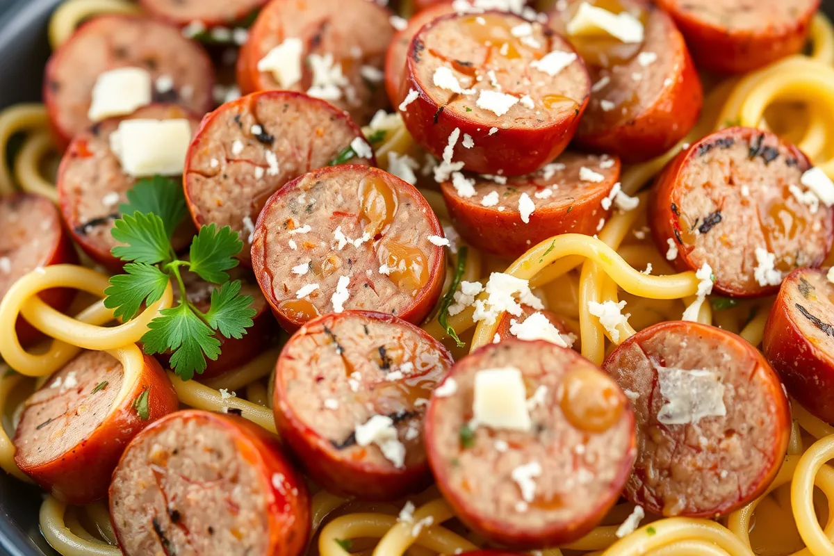 Sliced baked Italian sausages mixed with pasta, olive oil, garlic, and Parmesan cheese for a quick and delicious dinner