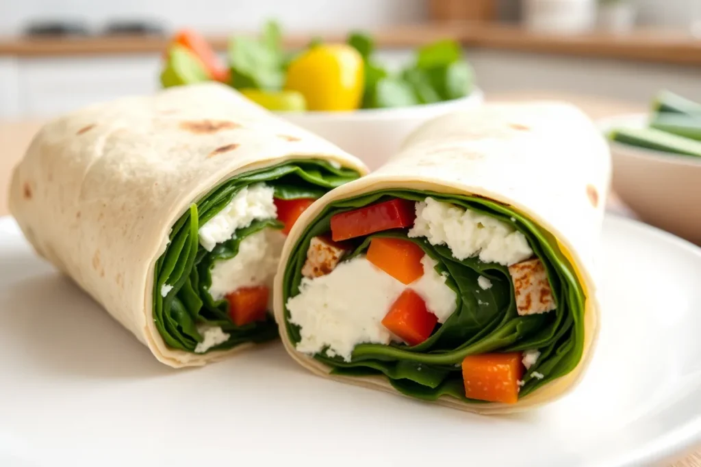 A sliced cottage cheese wrap on a plate, showing a cross-section of cottage cheese, spinach, and vegetable filling for a healthy, high-protein meal