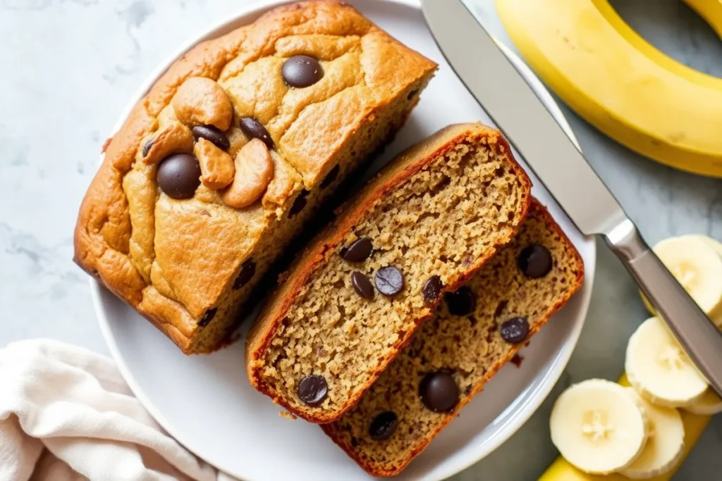 Freshly baked chocolate chunk banana bread being sliced to reveal the moist interior filled with chocolate chunks and banana goodness