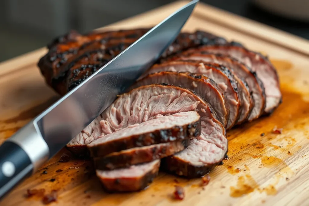 Slicing rested London Broil against the grain to ensure tender, flavorful pieces for serving