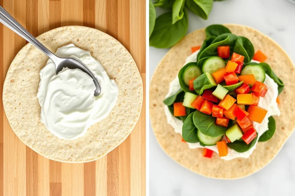 Spreading cottage cheese evenly over a whole-grain tortilla, creating the base layer for the wrap - Adding fresh spinach leaves, sliced cucumbers, and diced bell peppers on top of cottage cheese spread for a nutritious wrap