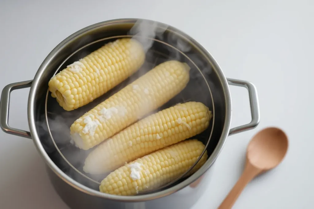 Frozen corn on the cob steaming in a metal pot with a steaming basket, captured in a rustic kitchen environment