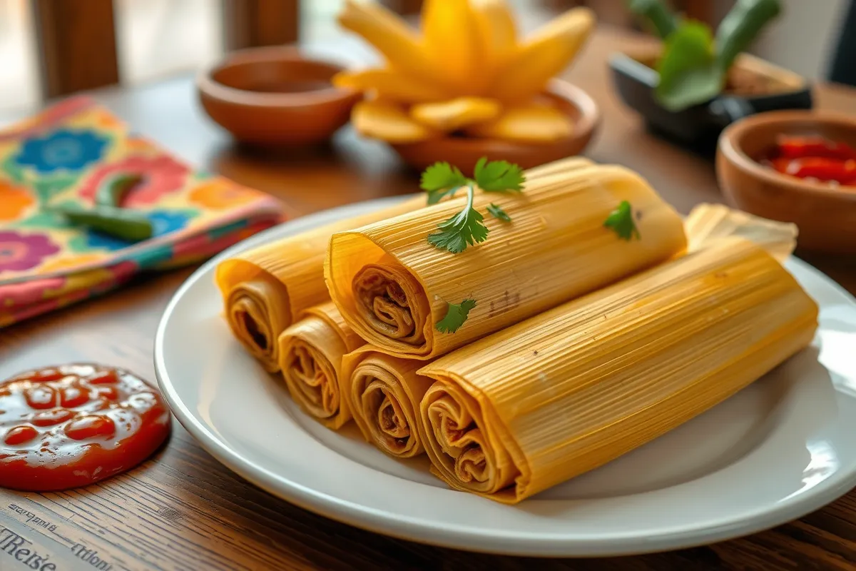 Freshly cooked frozen tamales served on a white plate, wrapped in corn husks, with cilantro garnish and a side of red chili sauce, perfect for a traditional Mexican meal