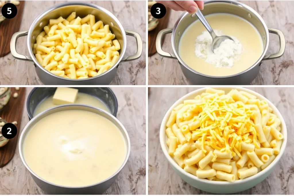 A visual guide to making creamy macaroni and cheese with cottage cheese, showing the cooking steps from boiling pasta to creating a thick cheese sauce, and serving the final dish with extra cheese on top