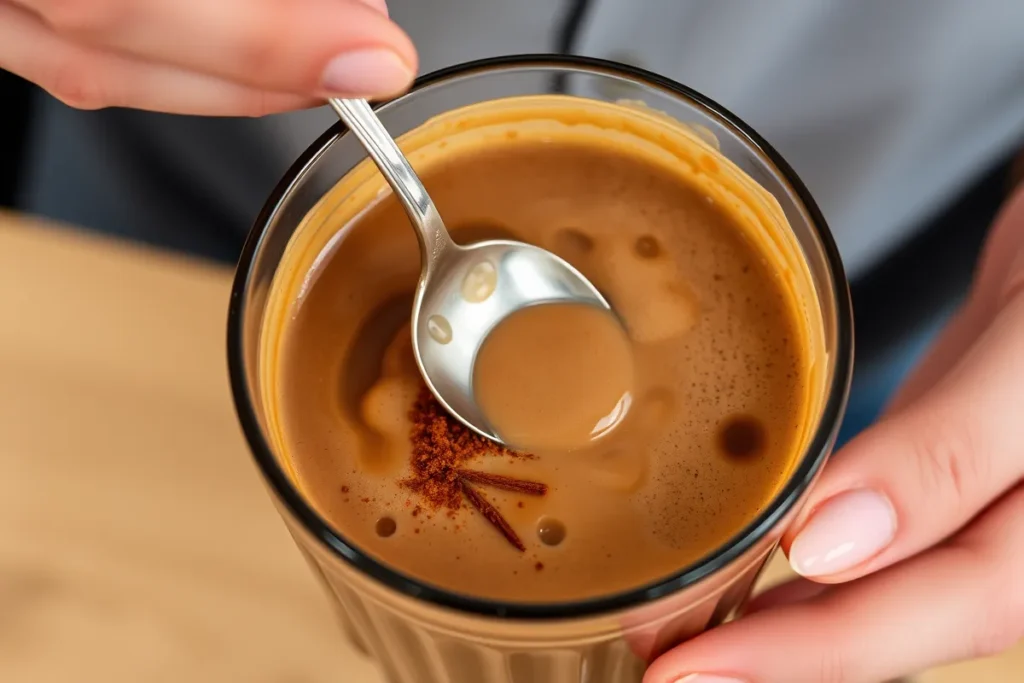 Stirring the Coffee Loophole Recipe ingredients, blending spices, honey, and MCT oil for a smooth, aromatic drink