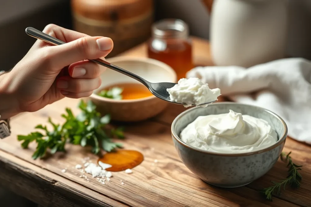 Taste-testing whipped cottage cheese, adjusting flavors with herbs, salt, or honey in a cozy kitchen setting