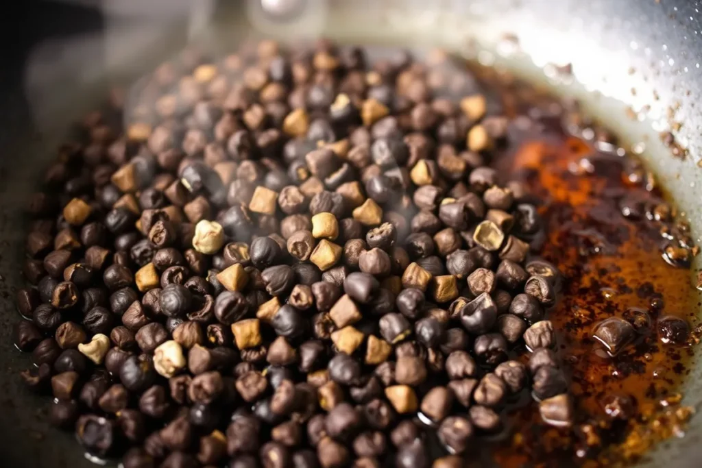 Crushed peppercorns toasting in a skillet, releasing aroma for a flavorful peppercorn sauce