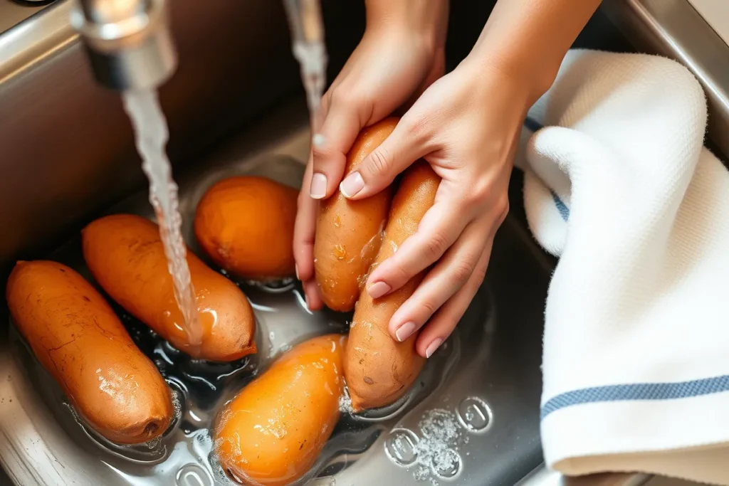 Hands scrubbing sweet potatoes under running water in a sink, preparing them for air frying