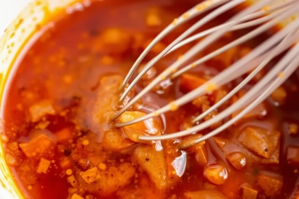 Mixing Cane’s Sauce ingredients with a whisk to create a smooth, creamy consistency