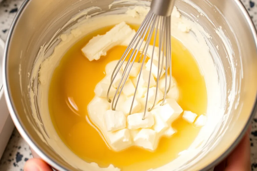 Cottage cheese and eggs being mixed in a bowl, forming a creamy mixture as a base for cottage cheese bread