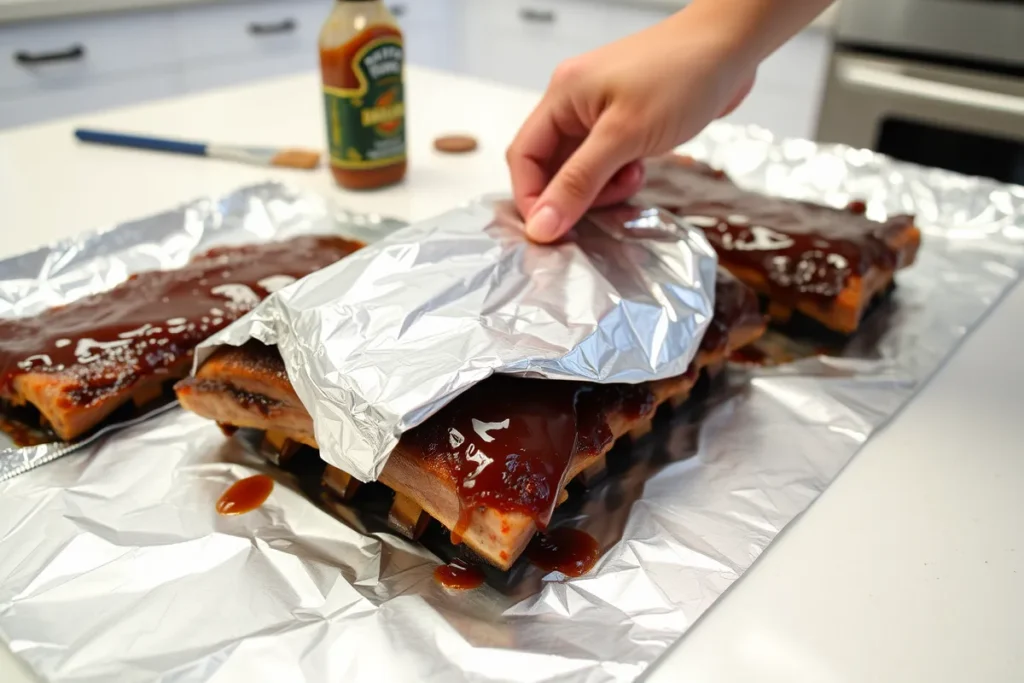 Ribs wrapped tightly in aluminum foil with a drizzle of barbecue sauce, ready for pre-cooking on the gas grill , cook ribs on a gas grill