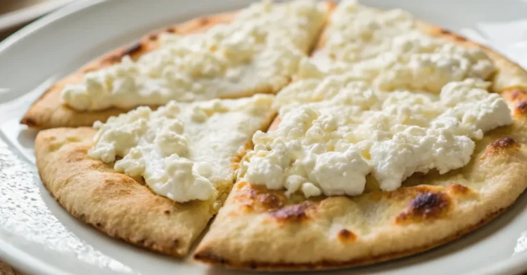 Close-up of cottage cheese flatbread served on a white plate, golden brown with a soft, fluffy texture.