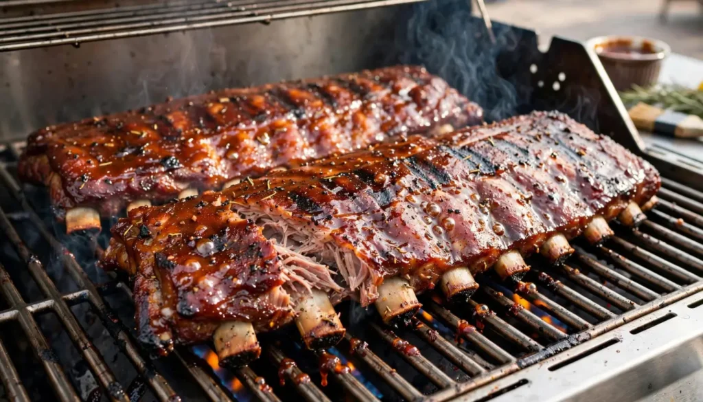 Fall-off-the-bone baby back ribs cooking on a gas grill with caramelized BBQ glaze and grill marks