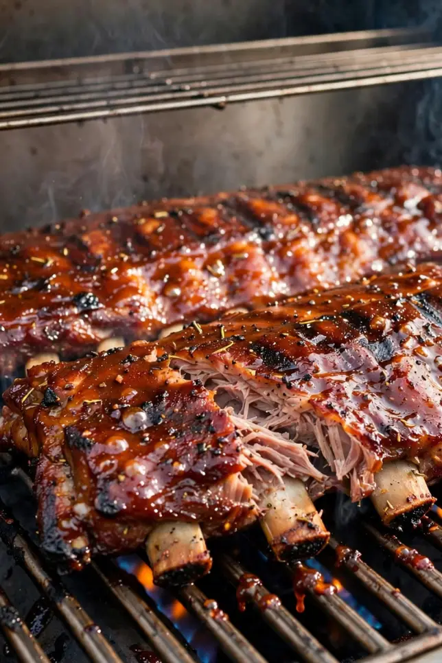 Fall-off-the-bone baby back ribs cooking on a gas grill with caramelized BBQ glaze and grill marks
