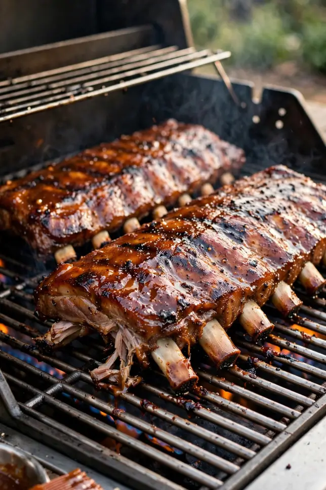 Fall-off-the-bone baby back ribs cooking on a gas grill with caramelized BBQ glaze and grill marks