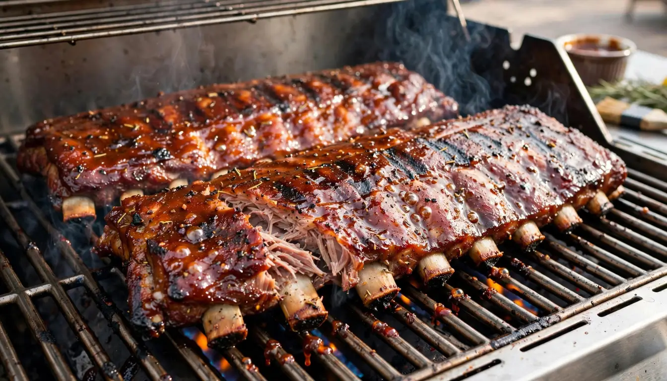 Fall-off-the-bone baby back ribs cooking on a gas grill with caramelized BBQ glaze and grill marks