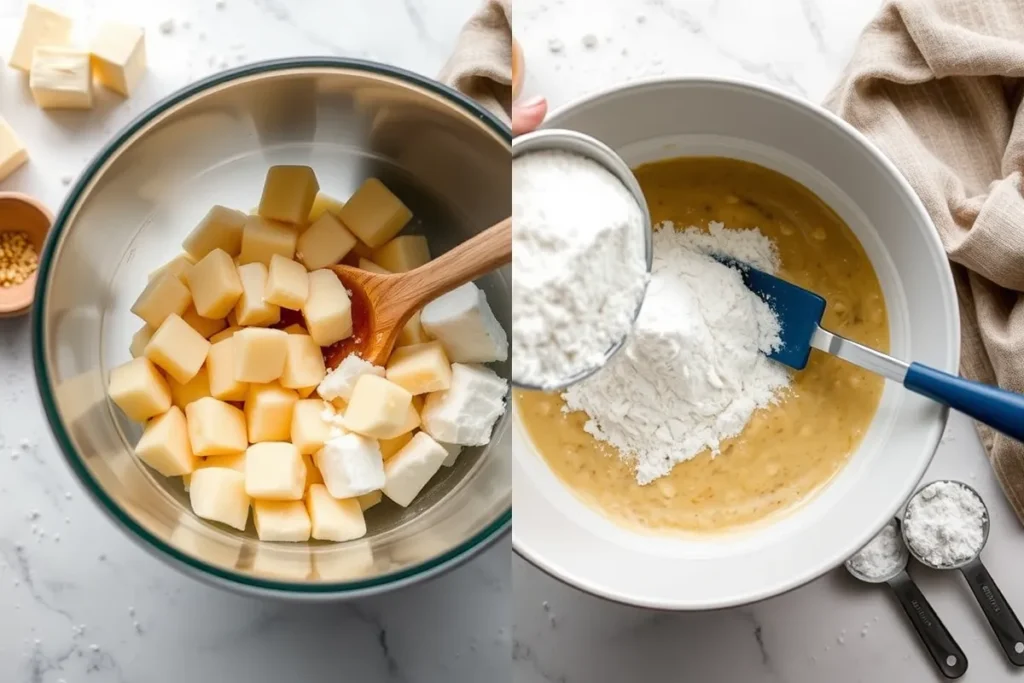 Close-up of mashed ripe bananas, butter, sugar, and eggs being mixed together in a bowl to make chocolate chunk banana bread batter / Flour, baking soda, and salt being added to the banana mixture in a bowl for chocolate chunk banana bread preparation