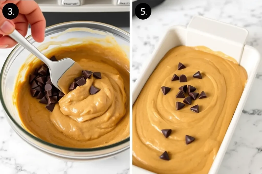 Hand folding chocolate chunks into the banana bread batter with a spatula, preparing for chocolate chunk banana bread baking / Banana bread batter being poured into a greased loaf pan, ready to be baked into chocolate chunk banana bread