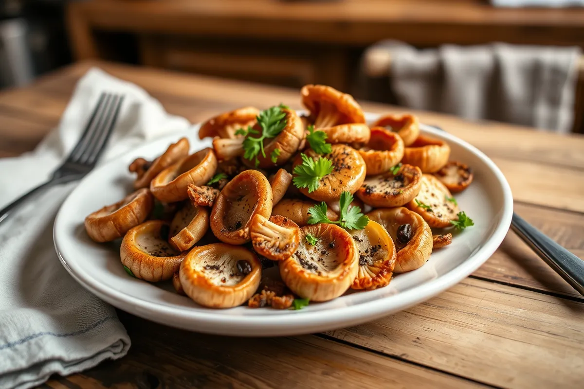 Close-up of sautéed Lion's Mane mushrooms on a white plate, garnished with fresh parsley, served on a wooden table in a cozy home kitchen setting