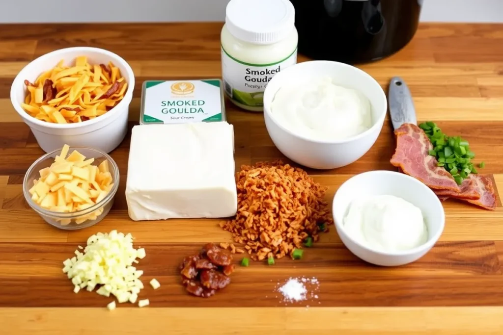 Ingredients for Smoked Gouda Bacon Dip, including shredded Gouda cheese, cream cheese, sour cream, mayonnaise, bacon, green onions, garlic powder, smoked paprika, and seasonings