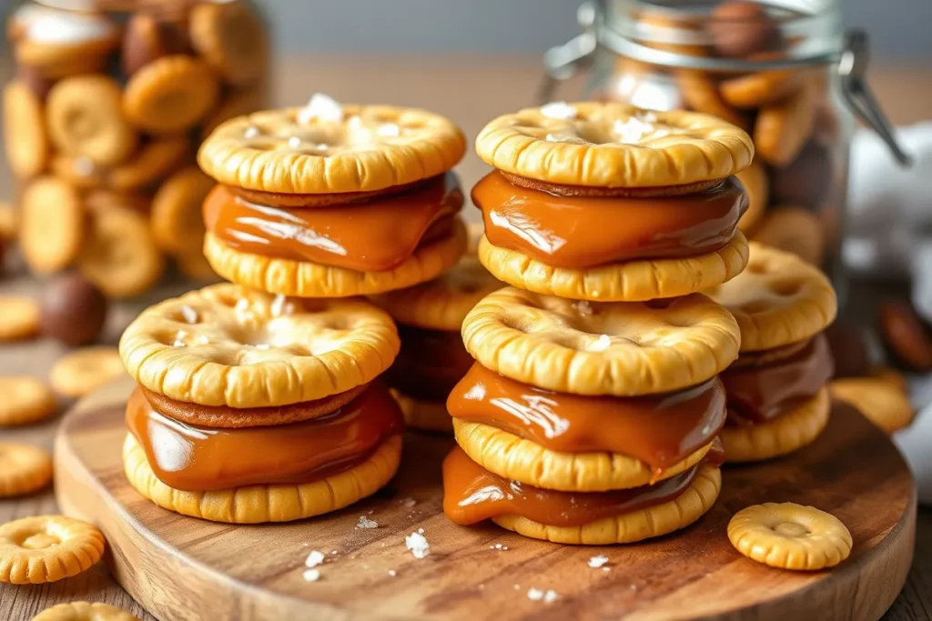 Close-up of Rolo-Ritz Sandwiches with melted caramel and chocolate filling between crispy Ritz crackers, garnished with sea salt, on a wooden board