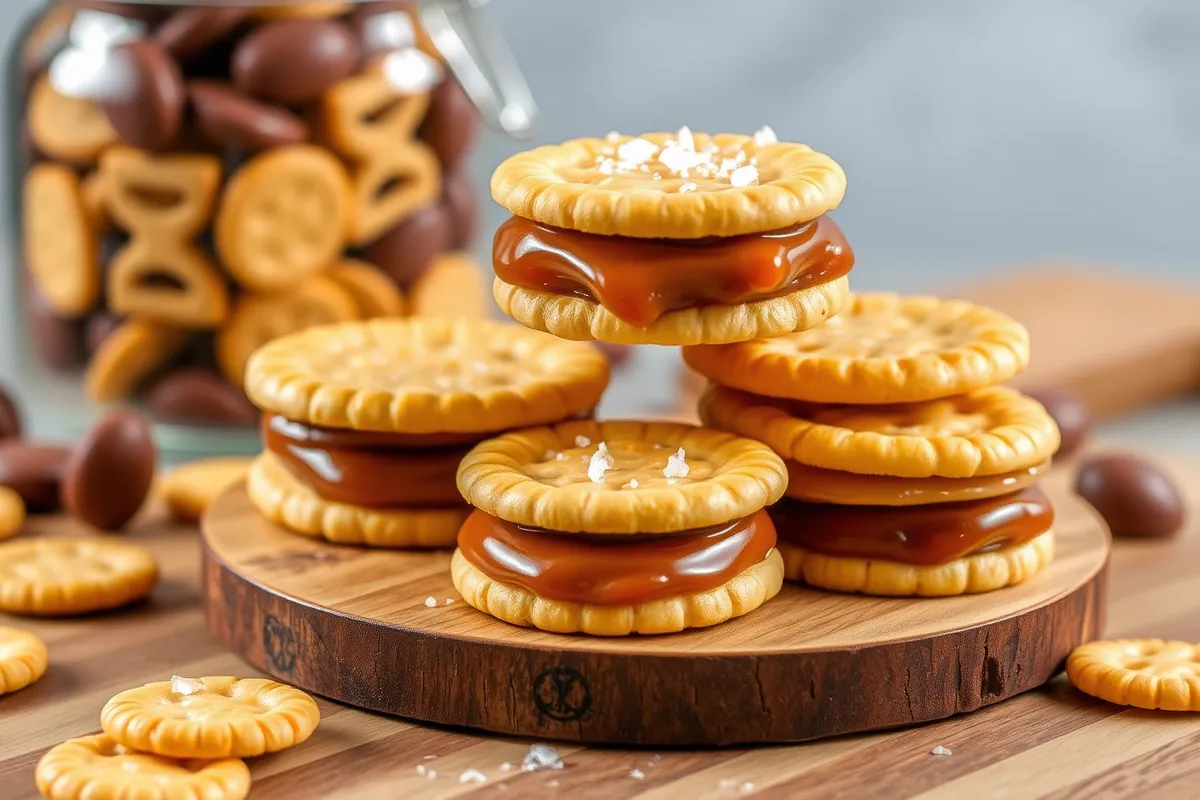 Close-up of Rolo-Ritz Sandwiches with melted caramel and chocolate filling between crispy Ritz crackers, garnished with sea salt, on a wooden board