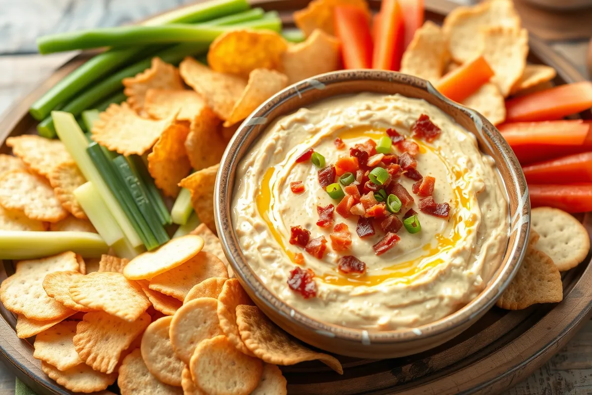 Present your Smoked Gouda Bacon Dip Recipe with crackers, chips, and fresh veggies for a perfect party-ready dish