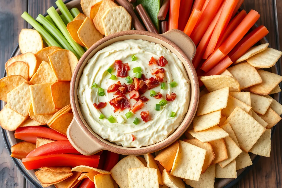 Present your Smoked Gouda Bacon Dip Recipe with crackers, chips, and fresh veggies for a perfect party-ready dish