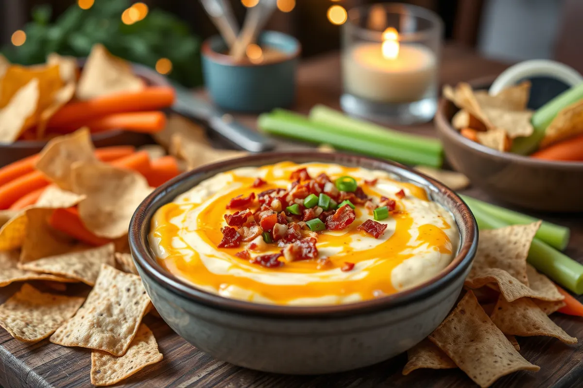 Indulge in the rich, creamy flavor of this Smoked Gouda Bacon Dip Recipe. Perfectly garnished with bacon and green onions, it's a party favorite!